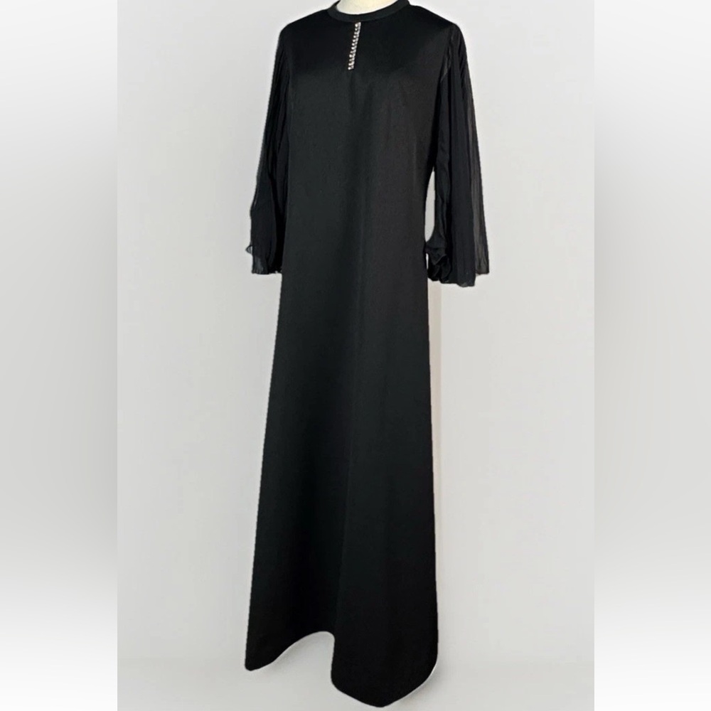 (L) VINTAGE LESLIE POMER Black Maxi Dress with Pleated Sheer Sleeves - Picture 1 of 16